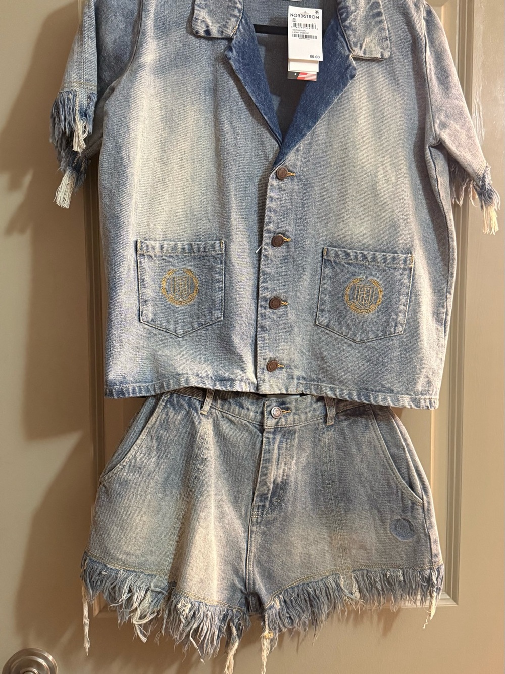 Honor The Gift: Light Wash Denim Button-Front Shirt and Frayed Shorts Set